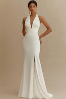 Load image into Gallery viewer, Women Satin Ivory Rehearsal Dinner Dress with Slit Mermaid V-Neck Maxi Engagement Dress