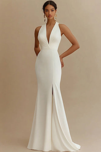 Mermaid Ivory Maxi V-Neck Rehearsal Dinner Dress with Slit