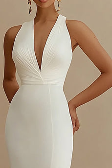 Mermaid Ivory Maxi V-Neck Rehearsal Dinner Dress with Slit