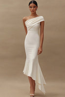 Load image into Gallery viewer, Mermaid Ivory Satin One Shoulder Midi Engagement Dress