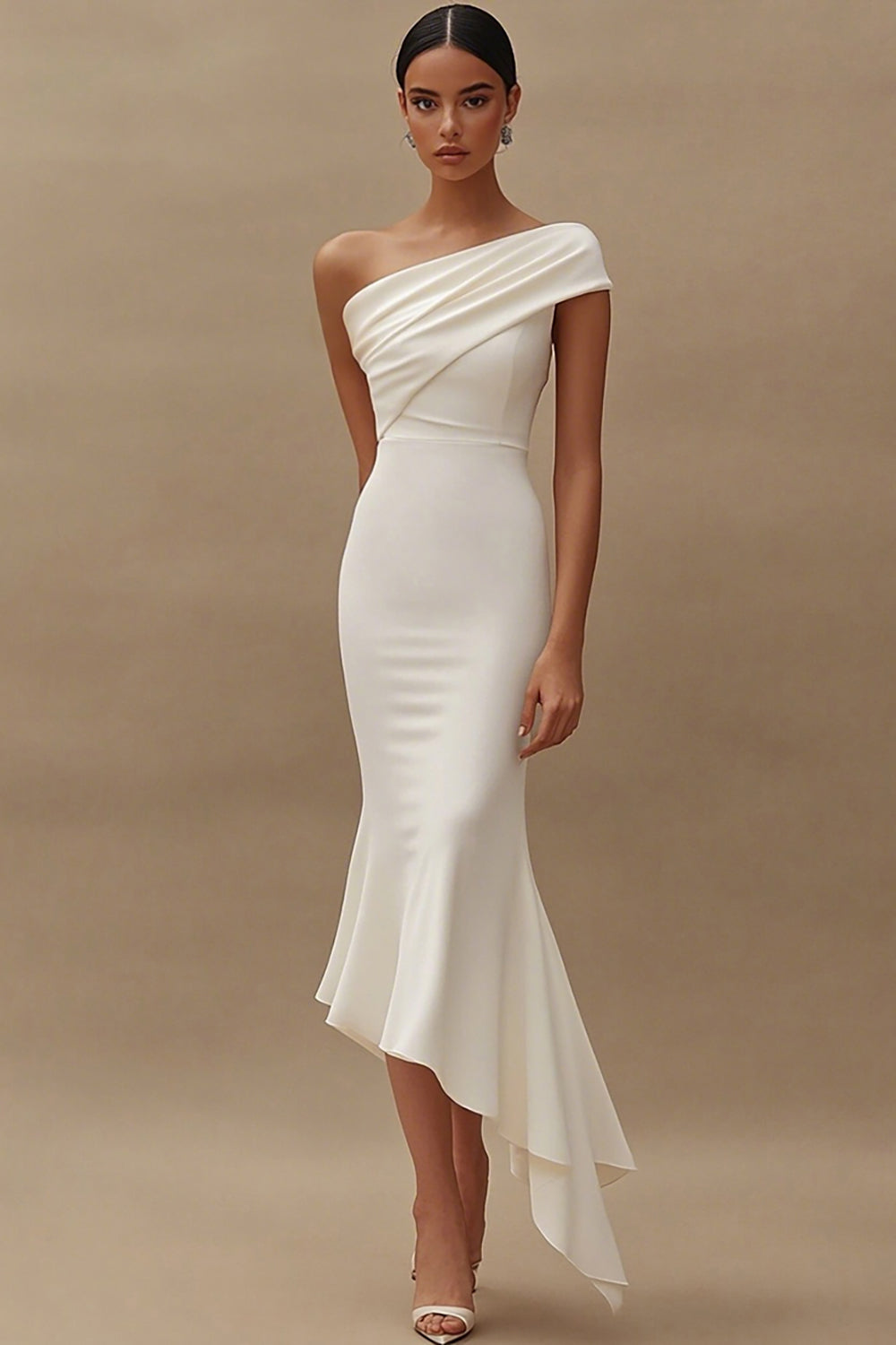 Mermaid Ivory Satin One Shoulder Midi Engagement Dress