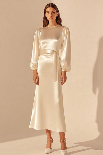 Ivory Satin Sheath Long Sleeves Rehearsal Dinner Dress