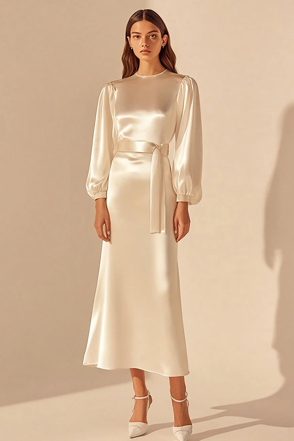 Ivory Satin Sheath Long Sleeves Rehearsal Dinner Dress