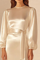 Load image into Gallery viewer, Ivory Satin Sheath Long Sleeves Rehearsal Dinner Dress