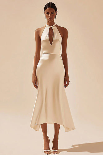 Ivory Simple Keyhole Satin Midi Engagement Dress