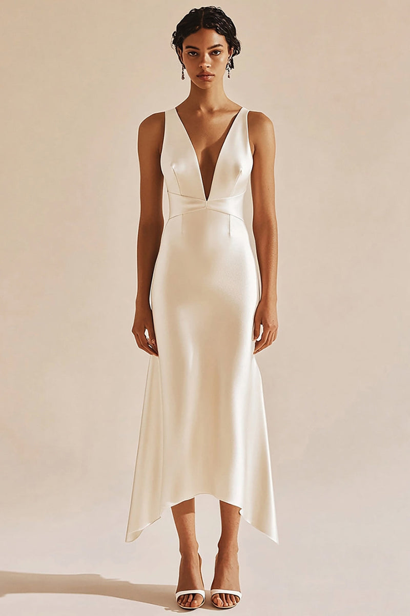 Load image into Gallery viewer, Simple Satin Ivory Sheath V-Neck Midi Engagement Dress