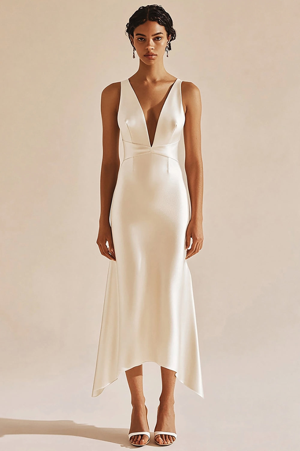 Simple Satin Ivory Sheath V-Neck Midi Engagement Dress