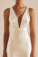 Load image into Gallery viewer, Simple Satin Ivory Sheath V-Neck Midi Engagement Dress