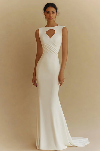 Mermaid Ivory Satin Boat Neck Maxi Rehearsal Dinner Dress