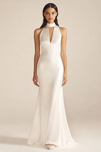 Mermaid Ivory High Neck Satin Maxi Rehearsal Dinner Dress
