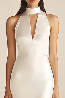 Mermaid Ivory High Neck Satin Maxi Rehearsal Dinner Dress