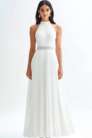 Load image into Gallery viewer, Sparkly Ivory High Neck Beaded Maxi Pleated Rehearsal Dinner Dress