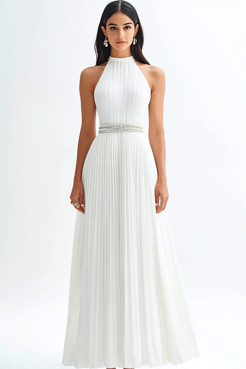 Load image into Gallery viewer, Sparkly Ivory High Neck Beaded Maxi Pleated Rehearsal Dinner Dress