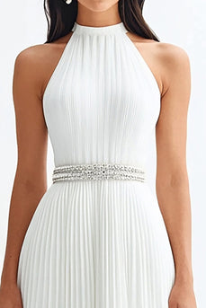 Sparkly Ivory High Neck Beaded Maxi Pleated Rehearsal Dinner Dress