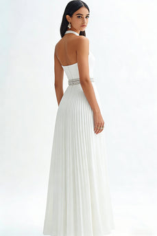Sparkly Ivory High Neck Beaded Maxi Pleated Rehearsal Dinner Dress