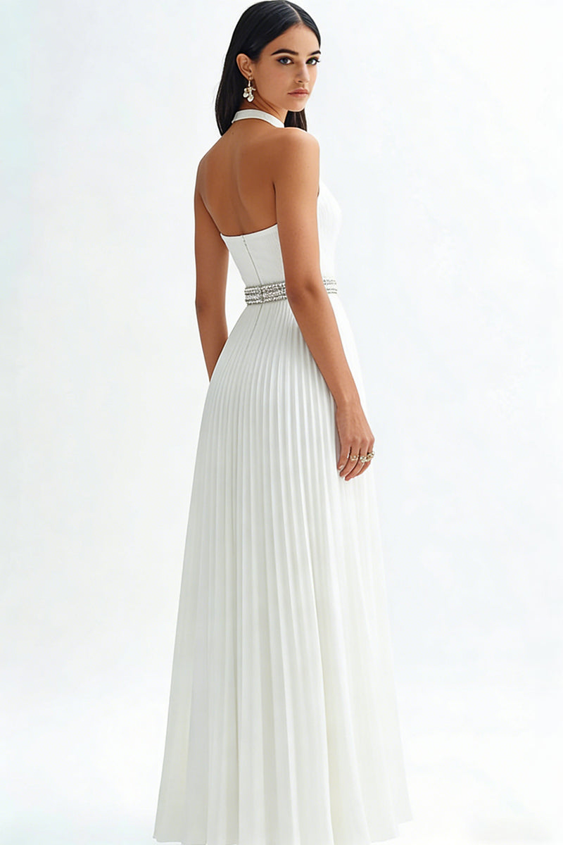 Load image into Gallery viewer, Sparkly Ivory High Neck Beaded Maxi Pleated Rehearsal Dinner Dress