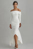 Load image into Gallery viewer, Women Ivory Satin High-Low Engagement Dress with Sleeves Off the Shoulder Mermaid Asymmetrical Rehearsal Dinner Dress