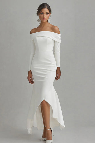 Ivory Satin High-Low Off the Shoulder Engagement Dress with Sleeves