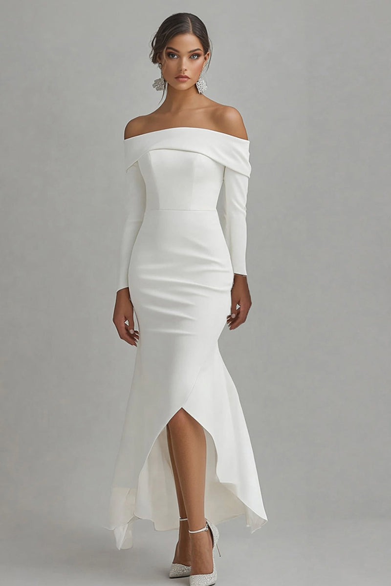 Load image into Gallery viewer, Women Ivory Satin High-Low Engagement Dress with Sleeves Off the Shoulder Mermaid Asymmetrical Rehearsal Dinner Dress