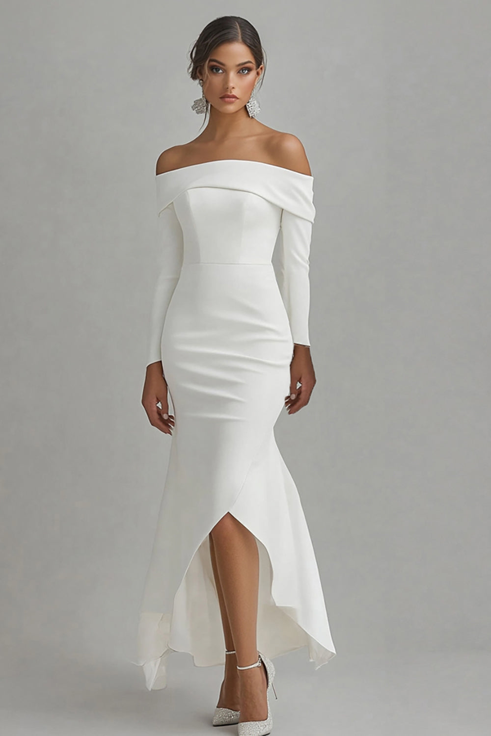 Women Ivory Satin High-Low Engagement Dress with Sleeves Off the Shoulder Mermaid Asymmetrical Rehearsal Dinner Dress