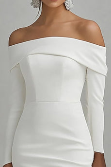 Ivory Satin High-Low Off the Shoulder Engagement Dress with Sleeves