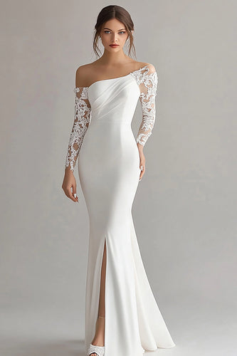 Mermaid Ivory Long Sleeves Rehearsal Dinner Dress with Lace