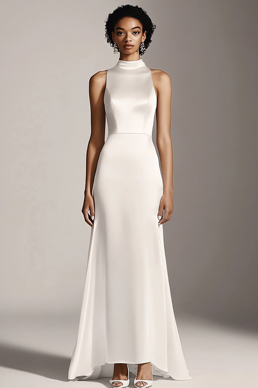 Satin Ivory Sheath High Neck Maxi Rehearsal Dinner Dress
