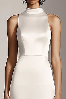 Satin Ivory Sheath High Neck Maxi Rehearsal Dinner Dress