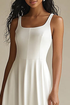 Simple Ivory Satin Scoop Neck Midi Engagement Dress