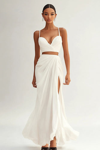 Ivory Ruched Spaghetti Straps 2 Piece Maxi Engagement Dress with Slit