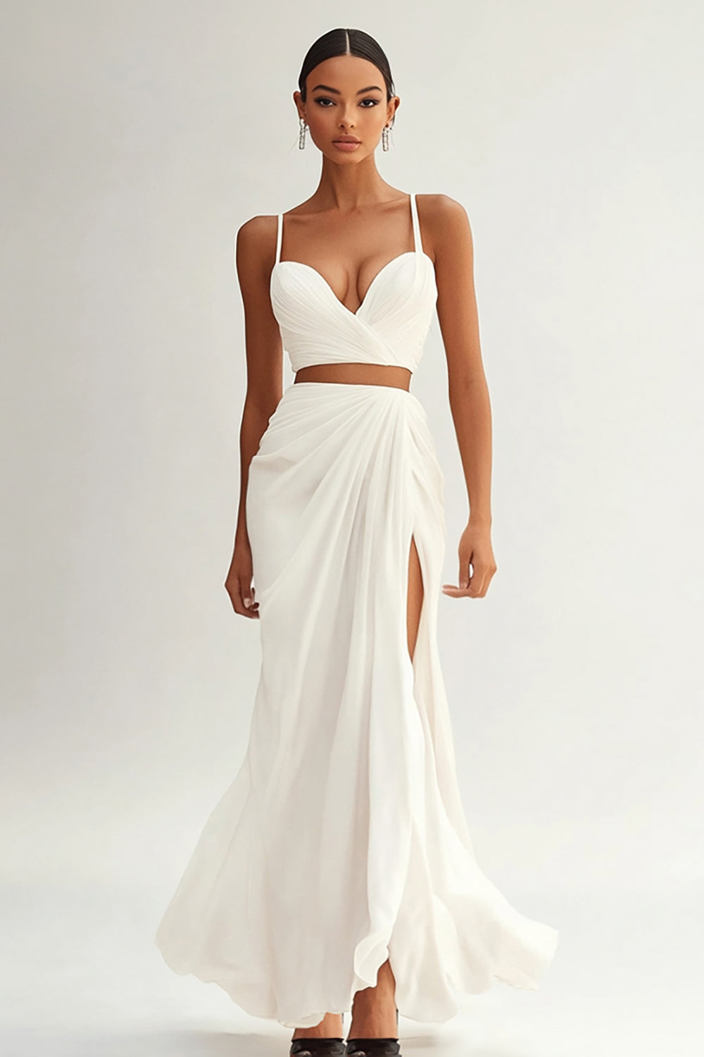 Ivory Ruched Spaghetti Straps 2 Piece Maxi Engagement Dress with Slit
