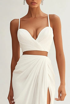 Ivory Ruched Spaghetti Straps 2 Piece Maxi Engagement Dress with Slit