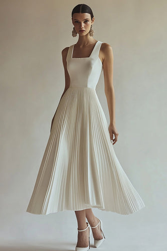 Ivory A Line Pleated Square Neck Maxi Engagement Dress