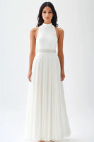 Load image into Gallery viewer, Chiffon Ivory High Neck Pleated Maxi Engagement Dress