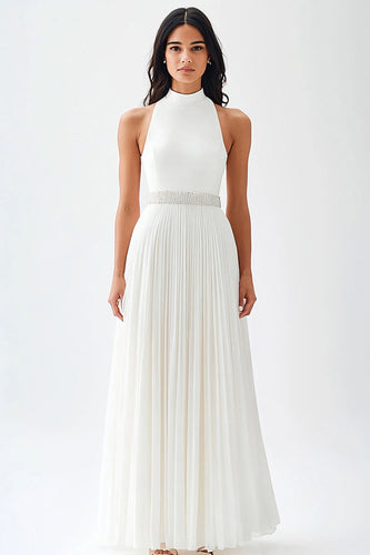 Chiffon Ivory High Neck Pleated Maxi Engagement Dress
