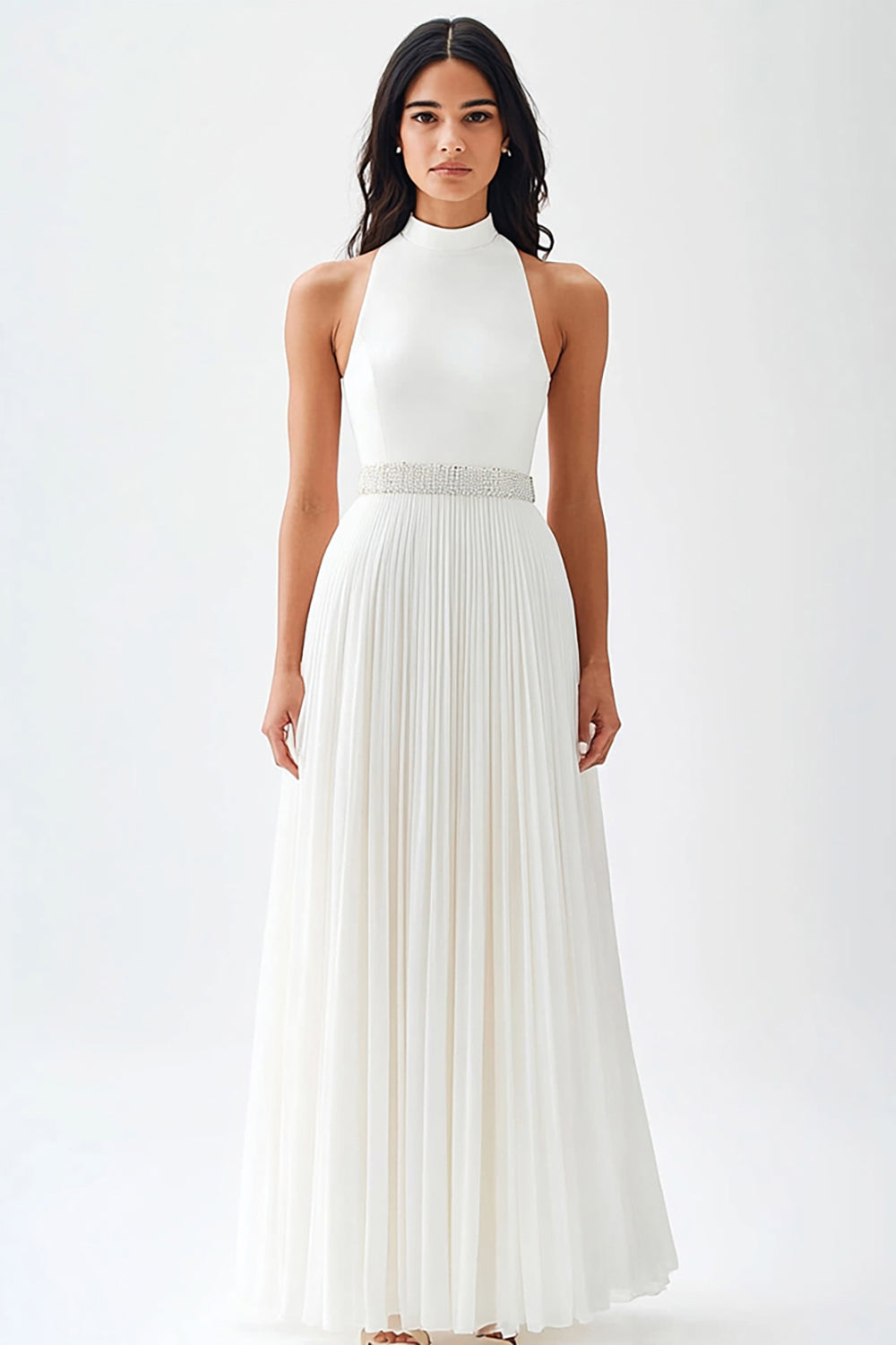 Chiffon Ivory High Neck Pleated Maxi Engagement Dress