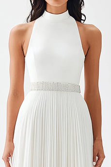 Chiffon Ivory High Neck Pleated Maxi Engagement Dress