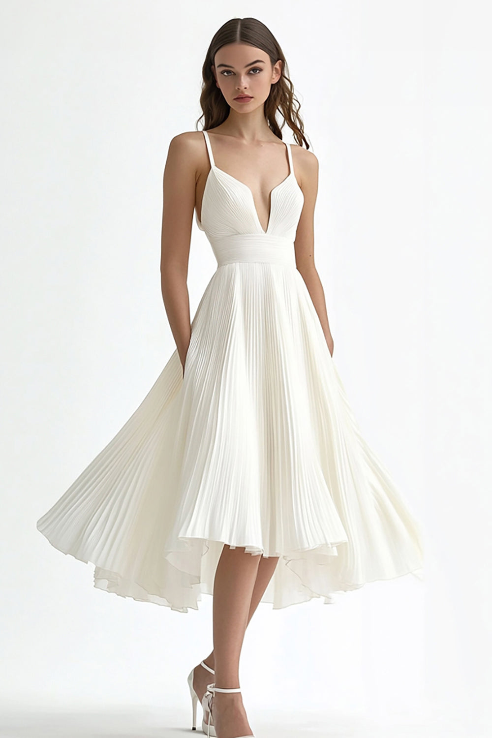 Ivory Chiffon A Line Pleated Midi Engagement Dress