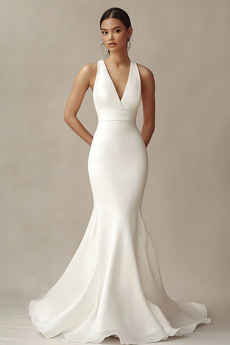 Mermaid Ivory V-Neck Maxi Rehearsal Dinner Dress