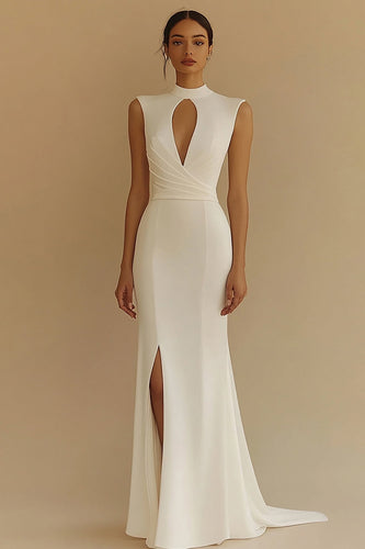 Ivory Satin Keyhole High Neck Maxi Rehearsal Dinner Dress with Slit