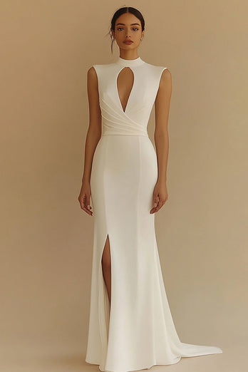 Ivory Satin Keyhole High Neck Maxi Rehearsal Dinner Dress with Slit