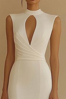 Ivory Satin Keyhole High Neck Maxi Rehearsal Dinner Dress with Slit
