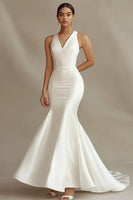 Load image into Gallery viewer, Mermaid Ivory Satin V-Neck Sweep Train Rehearsal Dinner Dress