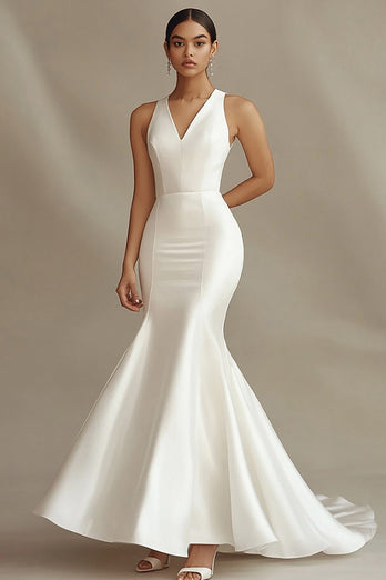 Mermaid Ivory Satin V-Neck Sweep Train Rehearsal Dinner Dress
