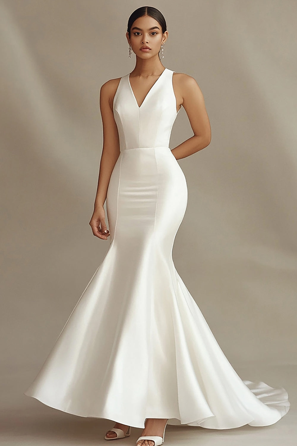 Mermaid Ivory Satin V-Neck Sweep Train Rehearsal Dinner Dress