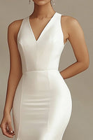 Load image into Gallery viewer, Mermaid Ivory Satin V-Neck Sweep Train Rehearsal Dinner Dress