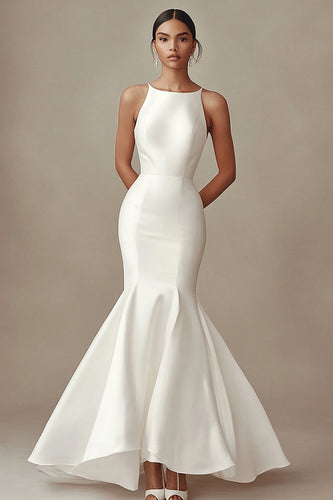 Mermaid Ivory Satin Boat Neck Maxi Rehearsal Dinner Dress
