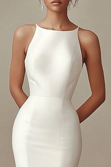 Mermaid Ivory Satin Boat Neck Maxi Rehearsal Dinner Dress