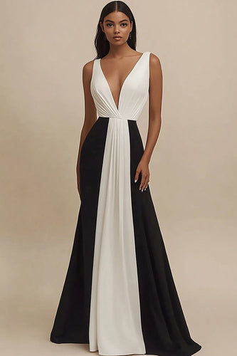 Black and White Sheath Deep V-Neck Long Formal Dress