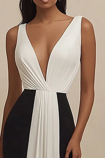 Black and White Sheath Deep V-Neck Long Formal Dress